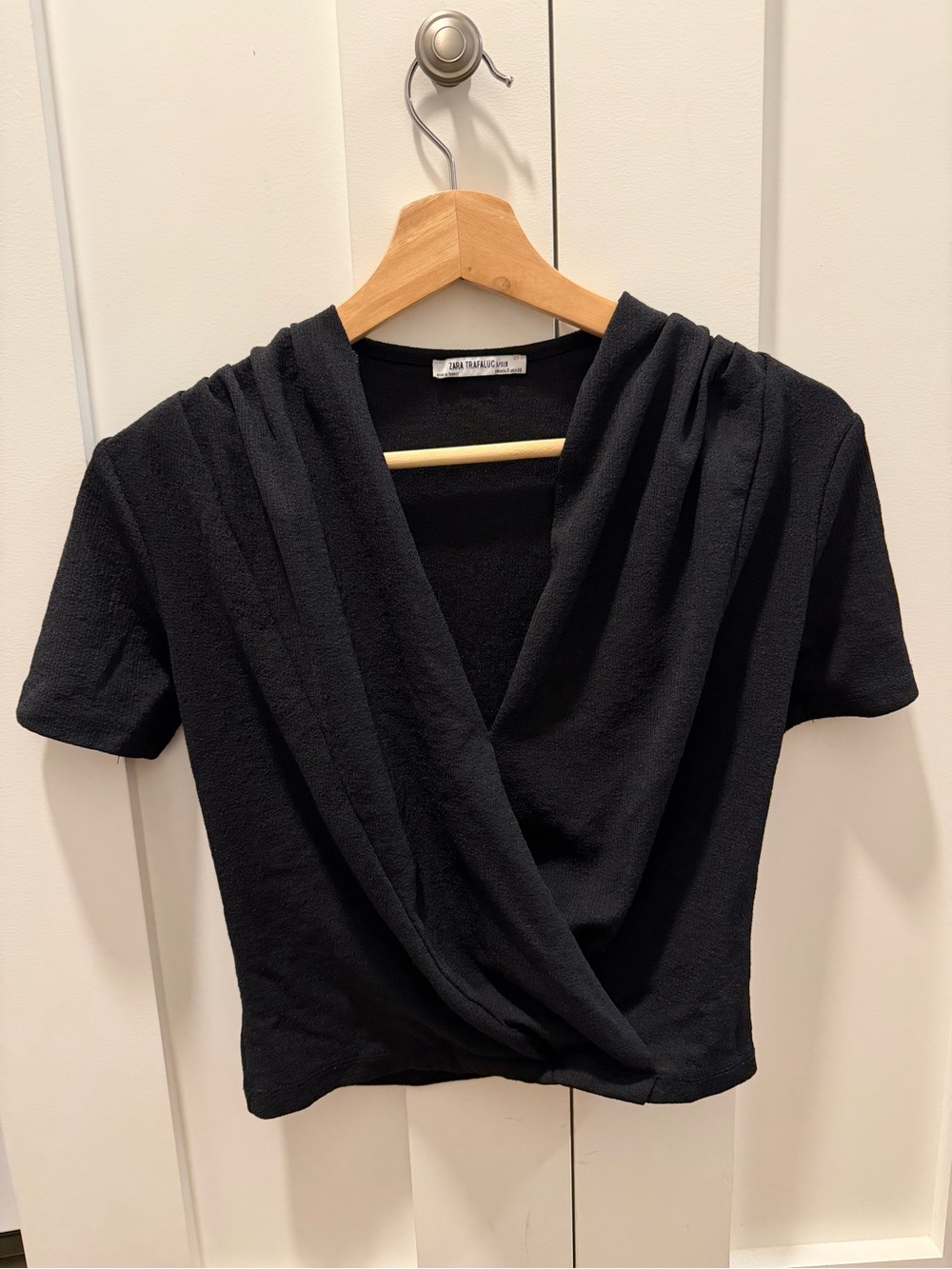 Zara Black Draped Short Sleeve Top with V-Neck